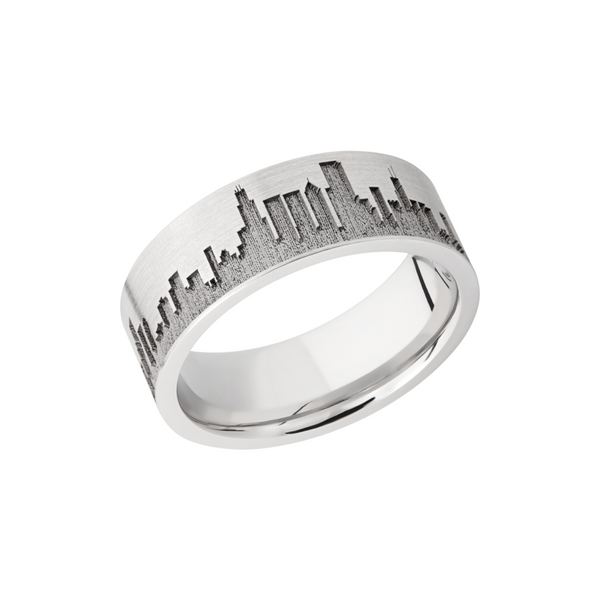 Cobalt chrome 8mm flat band with laser-carved Chicago skyline Cozzi Jewelers Newtown Square, PA