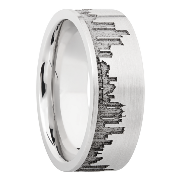 Cobalt chrome 8mm flat band with laser-carved Detroit skyline Image 2 Cozzi Jewelers Newtown Square, PA