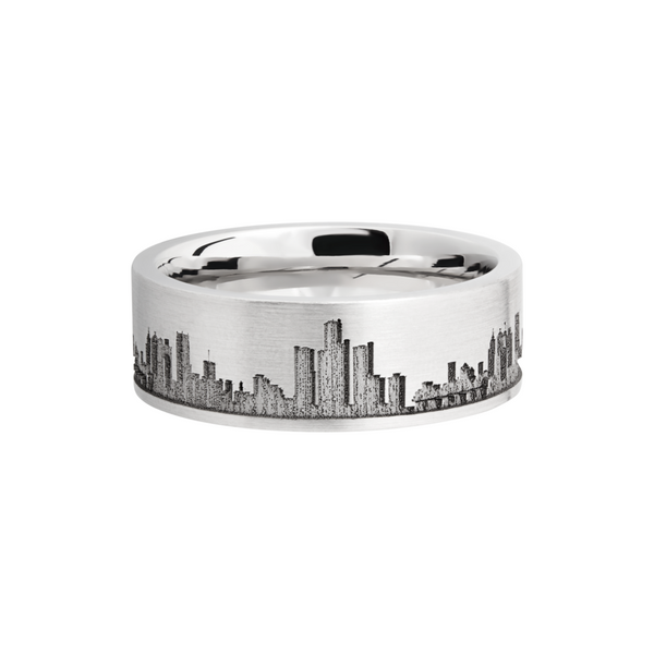 Cobalt chrome 8mm flat band with laser-carved Detroit skyline Image 3 Quality Gem LLC Bethel, CT