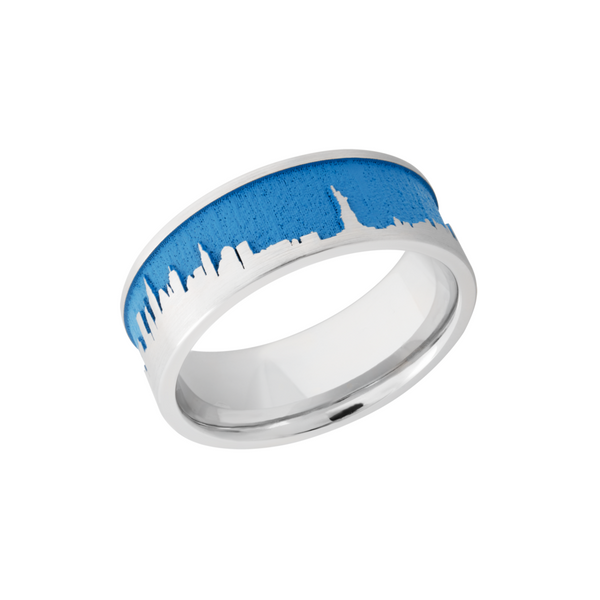 Cobalt chrome 8mm flat band with a laser-carved New York skyline featuring Sea Blue Cerakote in the recessed pattern Toner Jewelers Overland Park, KS