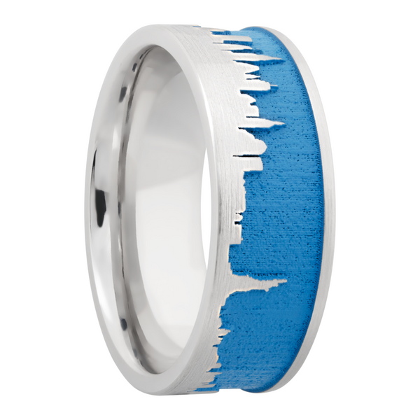 Cobalt chrome 8mm flat band with a laser-carved New York skyline featuring Sea Blue Cerakote in the recessed pattern Image 2 Quality Gem LLC Bethel, CT
