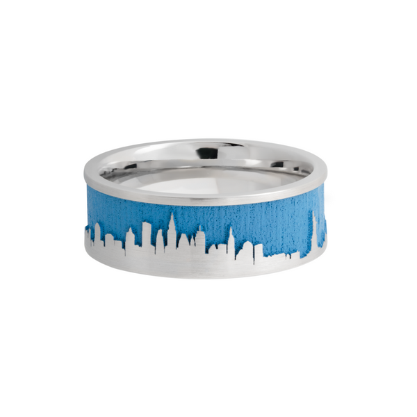 Cobalt chrome 8mm flat band with a laser-carved New York skyline featuring Sea Blue Cerakote in the recessed pattern Image 3 Toner Jewelers Overland Park, KS
