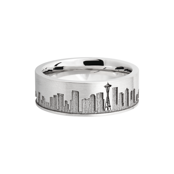 Cobalt chrome 8mm flat band with laser-carved Seattle skyline Image 3 Cozzi Jewelers Newtown Square, PA
