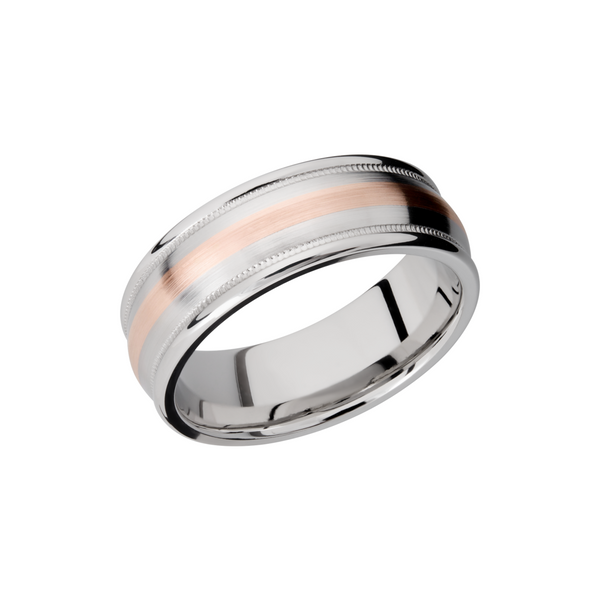 Cobalt chrome 8mm domed band with rounded edges and 14K rose gold inlays in reverse milgrain Toner Jewelers Overland Park, KS