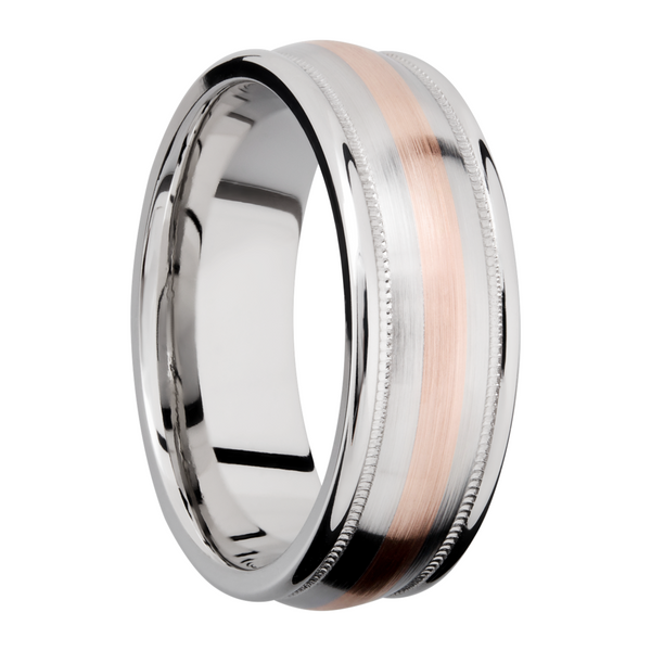 Cobalt chrome 8mm domed band with rounded edges and 14K rose gold inlays in reverse milgrain Image 2 Toner Jewelers Overland Park, KS