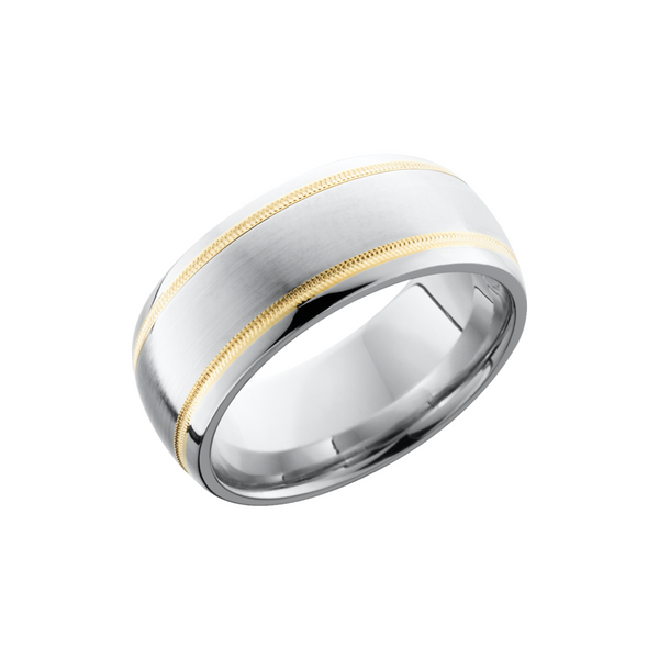 Cobalt chrome 9mm domed band with 2, 1mm inlays of 14K yellow gold in reverse milgrain Toner Jewelers Overland Park, KS