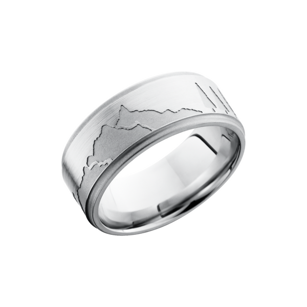 Cobalt chrome 9mm flat band with grooved edges featuring a mountain skyline Cozzi Jewelers Newtown Square, PA