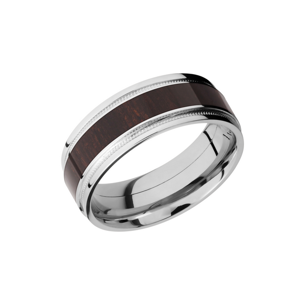 Cobalt chrome 8mm flat band with grooved edges, reverse milgrain detail and an inlay of Wenge hardwood Toner Jewelers Overland Park, KS