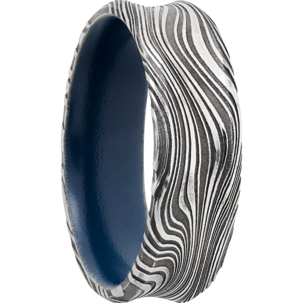 Marble Damascus steel 7mm concave band with beveled edges and a Sky Blue Cerakote sleeve Image 2 Toner Jewelers Overland Park, KS