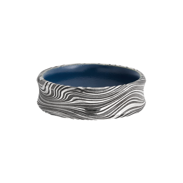 Marble Damascus steel 7mm concave band with beveled edges and a Sky Blue Cerakote sleeve Image 3 Quality Gem LLC Bethel, CT