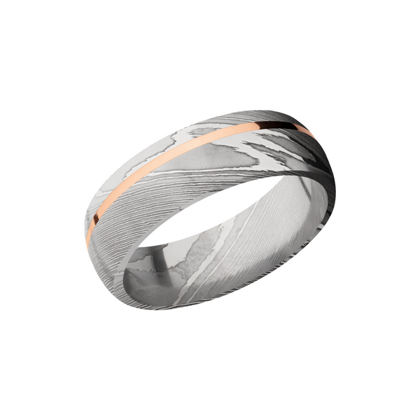 Handmade 7mm Damascus steel band with an off center inlay of 14K rose gold Toner Jewelers Overland Park, KS