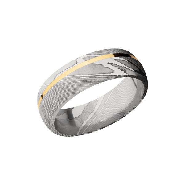 Handmade 7mm Damascus steel band with an off center inlay of 14K yellow gold Cozzi Jewelers Newtown Square, PA