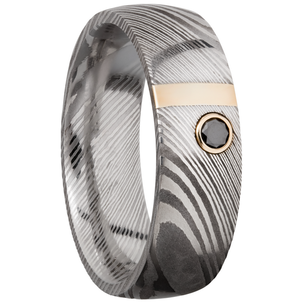 Handmade 7mm zebra Damascus steel band with a vertical inlay of 14K yellow gold and bezel-set black diamond Image 2 Cozzi Jewelers Newtown Square, PA