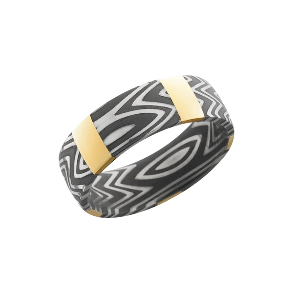 Handmade 7mm zebra Damascus steel band with 5 vertical inlays of 14K yellow gold Cozzi Jewelers Newtown Square, PA