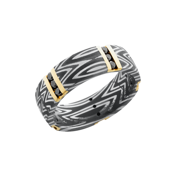 Handmade 7mm zebra Damascus steel band with 5 vertical inlays of 14K yellow gold and 15, .04ct channel-set black diamonds Cozzi Jewelers Newtown Square, PA