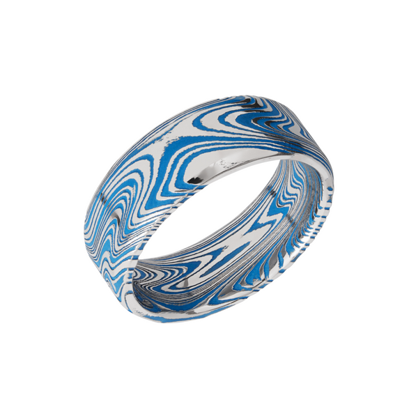 Marble Damascus steel 8mm beveled band with Ridgeway Blue Cerakote in the recessed pattern Cozzi Jewelers Newtown Square, PA