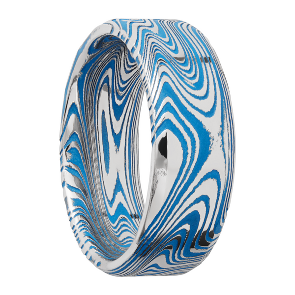 Marble Damascus steel 8mm beveled band with Ridgeway Blue Cerakote in the recessed pattern Image 2 Cozzi Jewelers Newtown Square, PA
