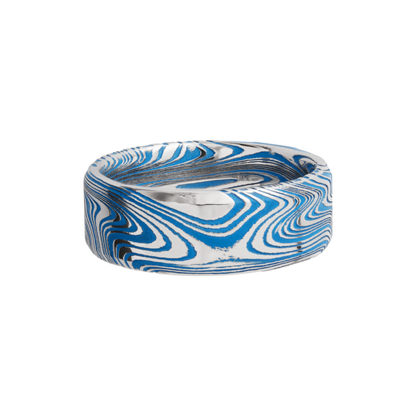 Marble Damascus steel 8mm beveled band with Ridgeway Blue Cerakote in the recessed pattern Image 3 Toner Jewelers Overland Park, KS