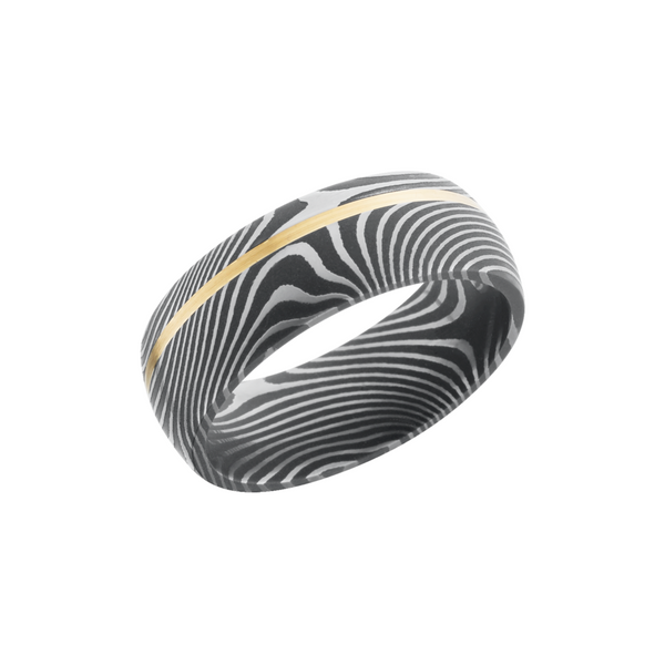 Handmade 8mm flattwist Damascus steel band with an off center inlay of 14K yellow gold Cozzi Jewelers Newtown Square, PA