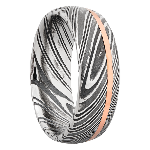Handmade 8mm woodgrain Damascus steel band with an off center inlay of 14K rose gold Image 2 Cozzi Jewelers Newtown Square, PA