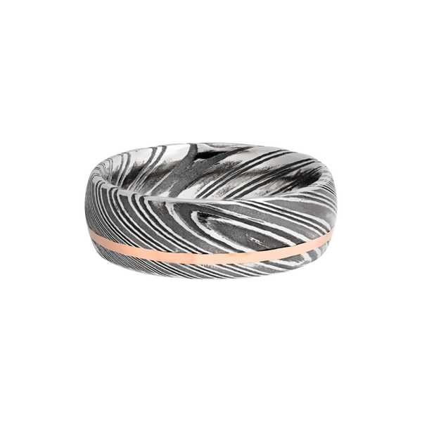 Handmade 8mm woodgrain Damascus steel band with an off center inlay of 14K rose gold Image 3 Toner Jewelers Overland Park, KS