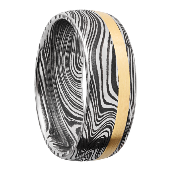 Handmade 8mm marble Damascus steel domed band with an off center inlay of 14K yellow gold Image 2 Toner Jewelers Overland Park, KS