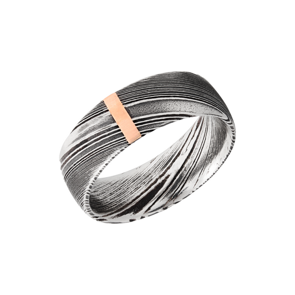 Handmade 8mm woodgrain Damascus steel domed band with 1, 2mm vertical inlays of 14K rose gold Toner Jewelers Overland Park, KS