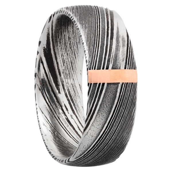 Handmade 8mm woodgrain Damascus steel domed band with 1, 2mm vertical inlays of 14K rose gold Image 2 Cozzi Jewelers Newtown Square, PA