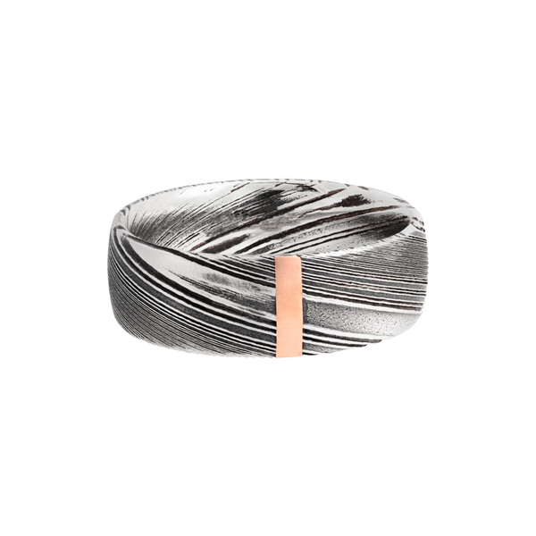Handmade 8mm woodgrain Damascus steel domed band with 1, 2mm vertical inlays of 14K rose gold Image 3 Quality Gem LLC Bethel, CT