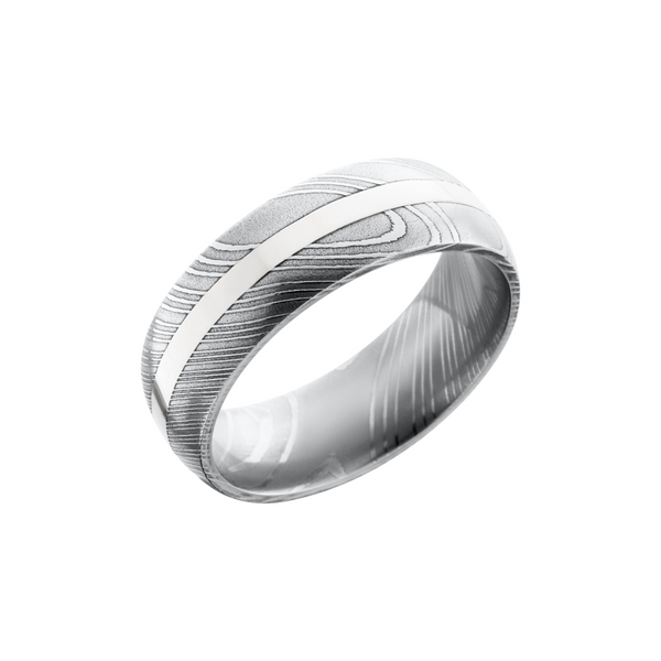 Handmade 8mm Damascus steel domed band with an inlay of 14K white gold Toner Jewelers Overland Park, KS