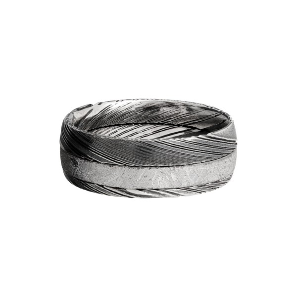 Handmade 8mm Woodgrain Damascus steel band with an off center inlay of authentic Gibeon meteorite Image 3 Toner Jewelers Overland Park, KS