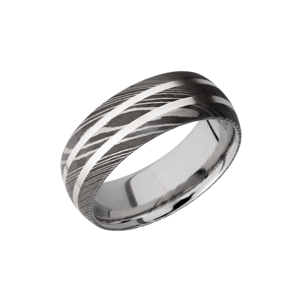 Handmade 8mm Damascus steel domed band with 2, 1mm inlays of sterling silver Cozzi Jewelers Newtown Square, PA