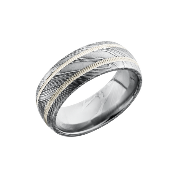 Handmade 8mm Damascus steel domed band with 2, 1mm reverse milgrain inlays of sterling silver Quality Gem LLC Bethel, CT