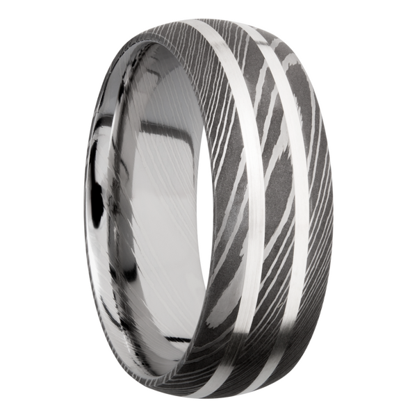 Handmade 8mm Damascus steel domed band with 2, 1mm inlays of sterling silver Image 2 Toner Jewelers Overland Park, KS