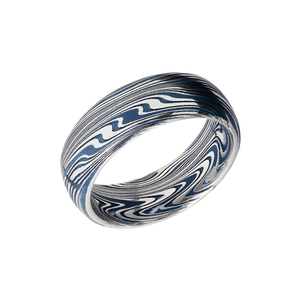 Marble Damascus steel 8mm domed band with Ridgeway Blue Cerakote in the recessed pattern Toner Jewelers Overland Park, KS