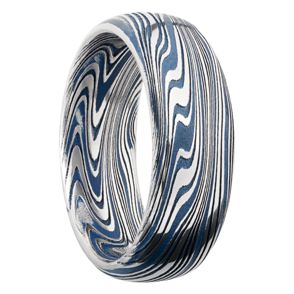 Marble Damascus steel 8mm domed band with Ridgeway Blue Cerakote in the recessed pattern Image 2 Cozzi Jewelers Newtown Square, PA