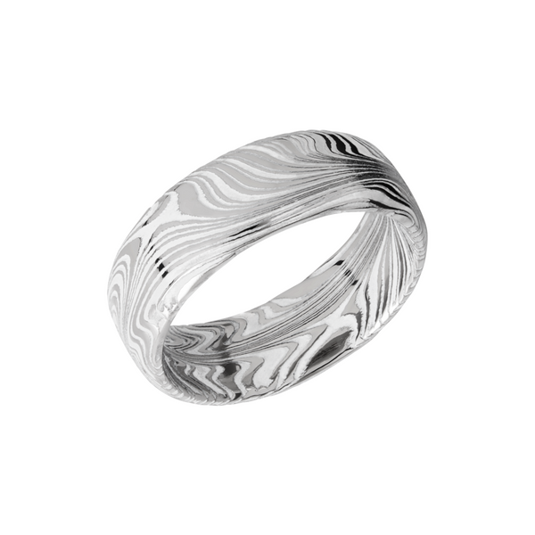 Marble Damascus steel 8mm domed band with White Cerakote in the recessed pattern Toner Jewelers Overland Park, KS