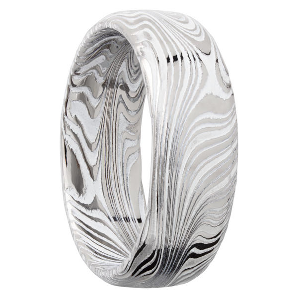 Marble Damascus steel 8mm domed band with White Cerakote in the recessed pattern Image 2 Quality Gem LLC Bethel, CT