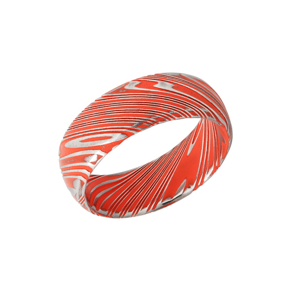 Woodgrain Damascus steel 8mm domed band beveled edges and Hunter Orange Cerakote in the recessed pattern Cozzi Jewelers Newtown Square, PA