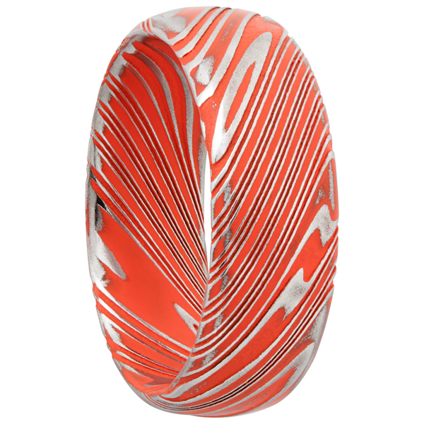 Woodgrain Damascus steel 8mm domed band beveled edges and Hunter Orange Cerakote in the recessed pattern Image 2 Cozzi Jewelers Newtown Square, PA