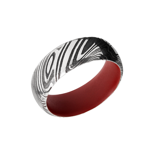 Woodgrain Damascus steel 8mm domed band with beveled edges a red Cerakote sleeve Cozzi Jewelers Newtown Square, PA