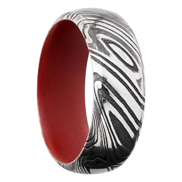Woodgrain Damascus steel 8mm domed band with beveled edges a red Cerakote sleeve Image 2 Cozzi Jewelers Newtown Square, PA