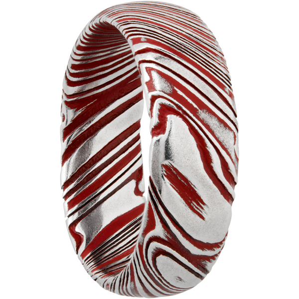 Woodgrain Damascus steel 8mm domed band beveled edges and red Cerakote in the recessed pattern Image 2 Toner Jewelers Overland Park, KS
