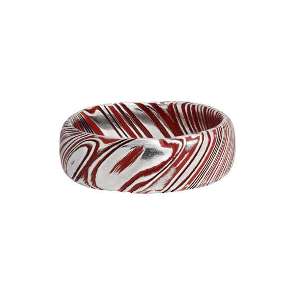 Woodgrain Damascus steel 8mm domed band beveled edges and red Cerakote in the recessed pattern Image 3 Toner Jewelers Overland Park, KS