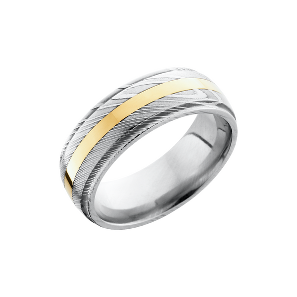 Handmade 8mm Damascus steel domed band with grooved edges and an inlay of 14K yellow gold Toner Jewelers Overland Park, KS