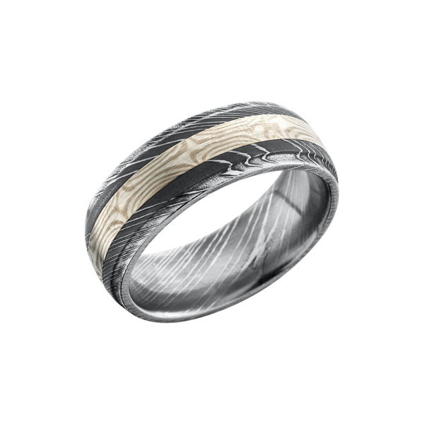 Handmade 8mm Damascus steel domed band with grooved edges and an inlay of Mokume Gane Cozzi Jewelers Newtown Square, PA