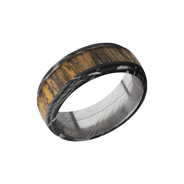 Damascus steel 8mm domed band with grooved edges and an inlay of Bocote hardwood Toner Jewelers Overland Park, KS