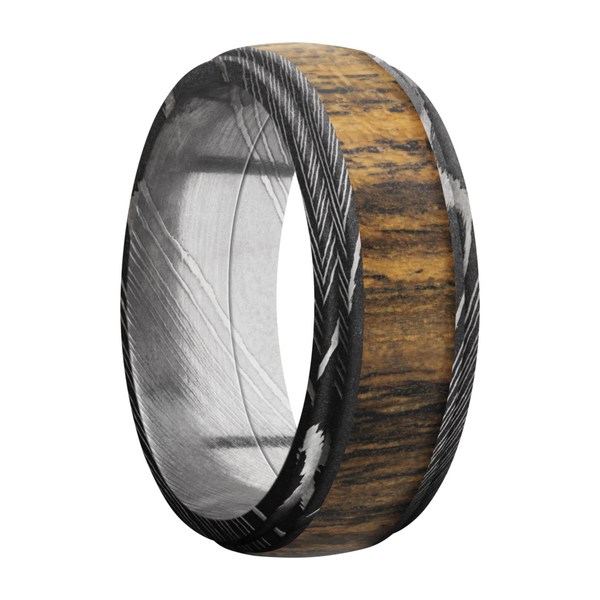 Damascus steel 8mm domed band with grooved edges and an inlay of Bocote hardwood Image 2 Toner Jewelers Overland Park, KS