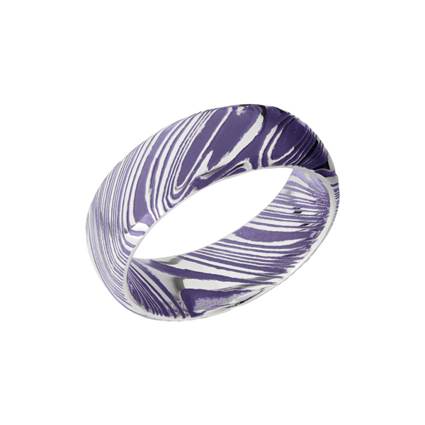 Woodgrain Damascus steel 8mm domed band beveled edges and Bright Purple Cerakote in the recessed pattern Toner Jewelers Overland Park, KS