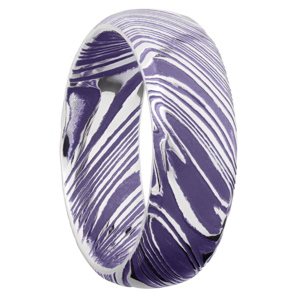 Woodgrain Damascus steel 8mm domed band beveled edges and Bright Purple Cerakote in the recessed pattern Image 2 Quality Gem LLC Bethel, CT